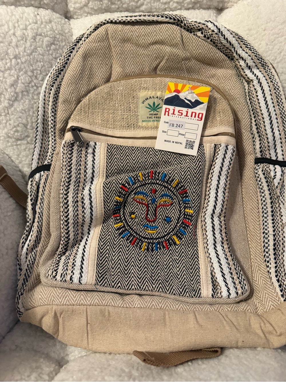 Rising International Hemp Sun Face Boho Backpack NWT